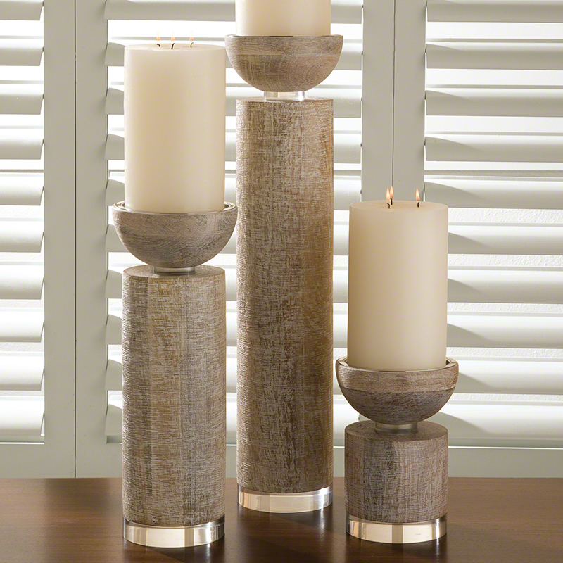 Global Views Scratched Pillar Candle Holder White Small